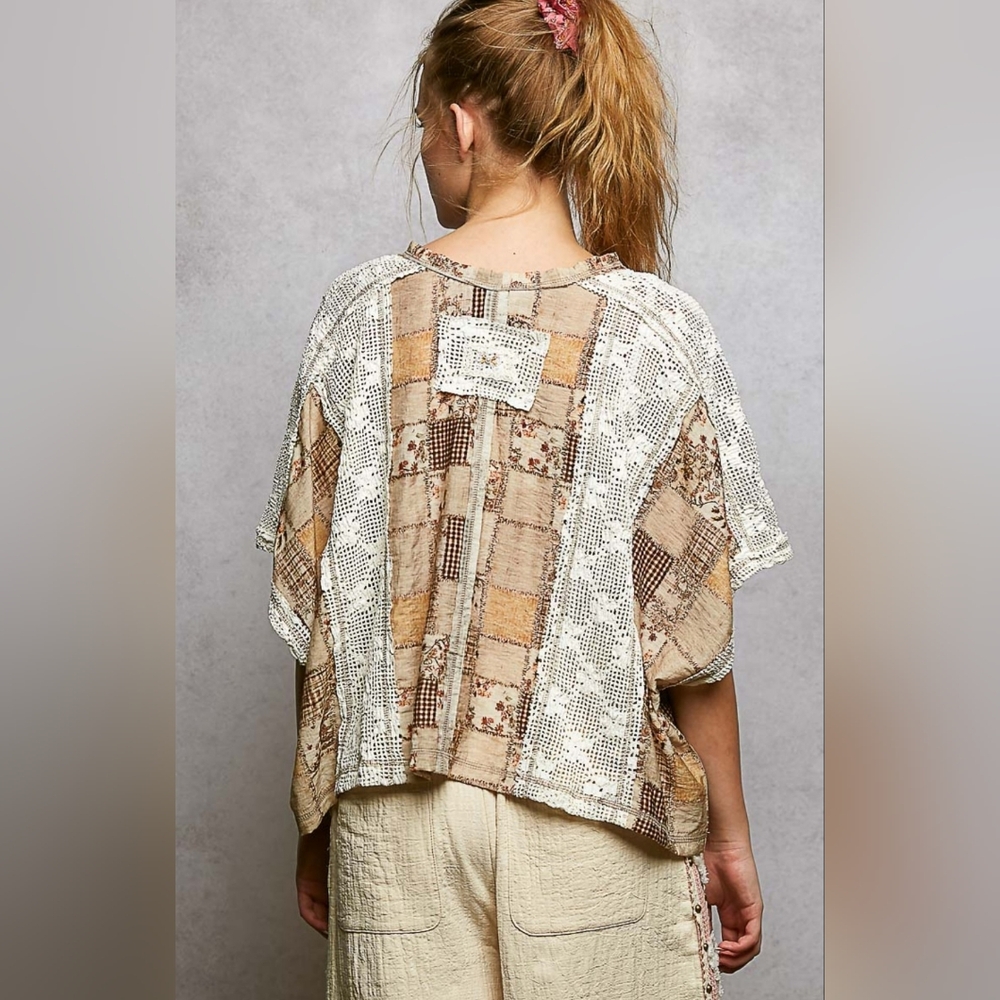 POL Patchwork Crochet Beige & Cream Boho Top - Picture 4 of 5